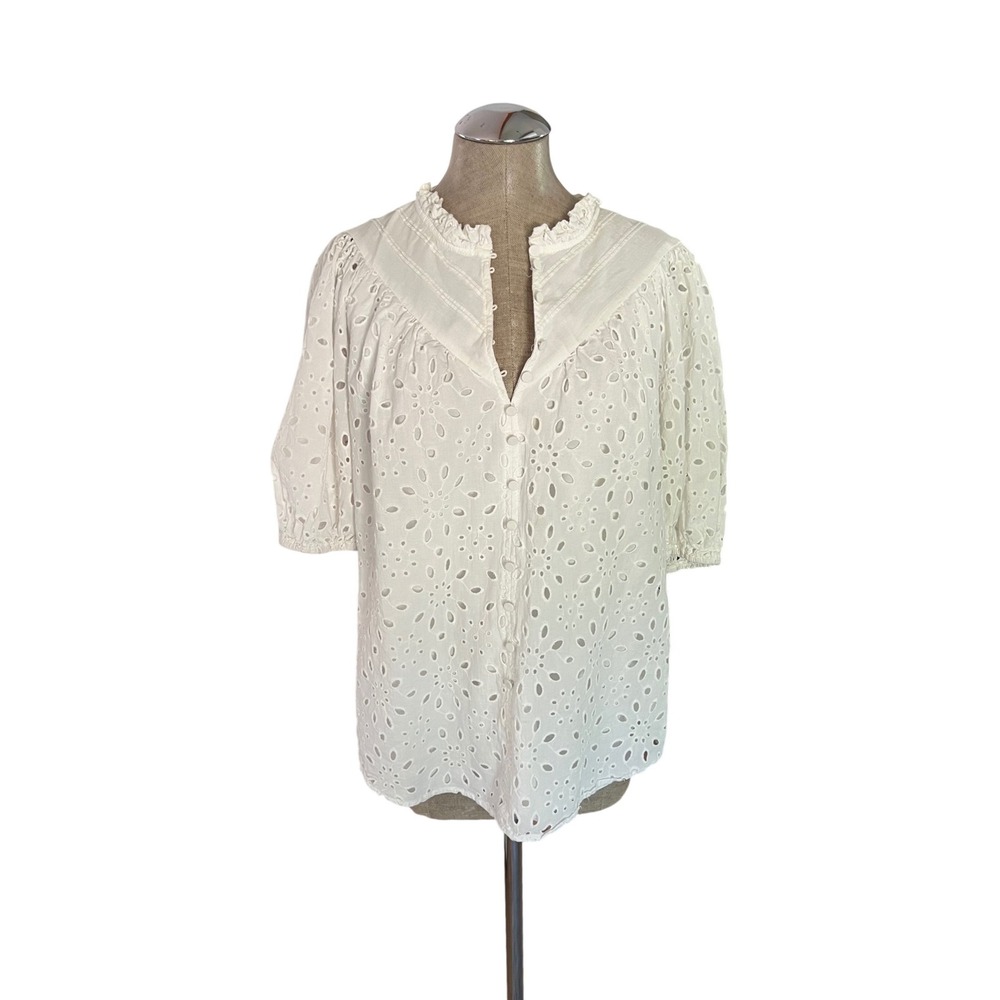 PrettyGarden White Eyelet Lace Blouse Ruffle Collar Puff Sleeve Button Down XL